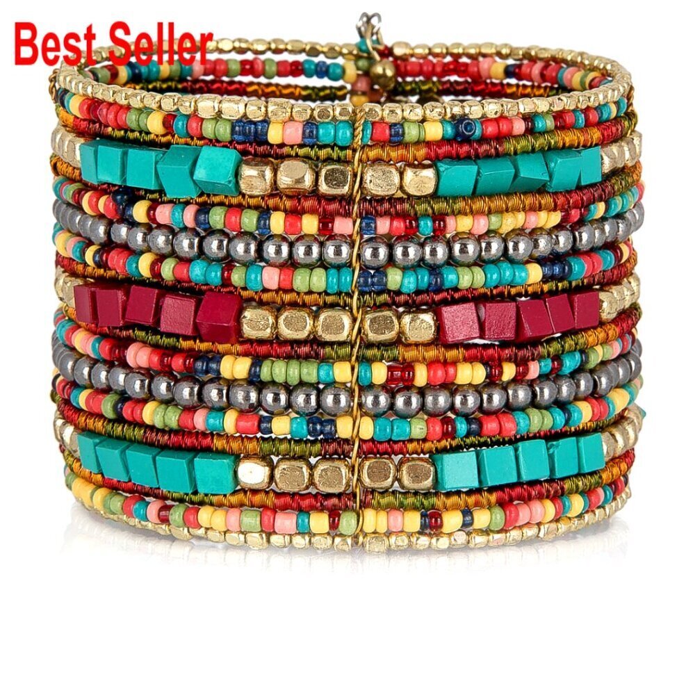 Adjustable Cuff Bracelet with Wood Glass Metal Beads, Boho Style